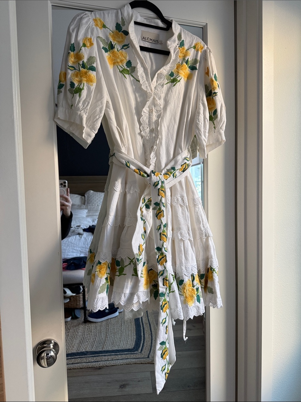 Alemais White Mini Dress with Yellow Floral Embroidery